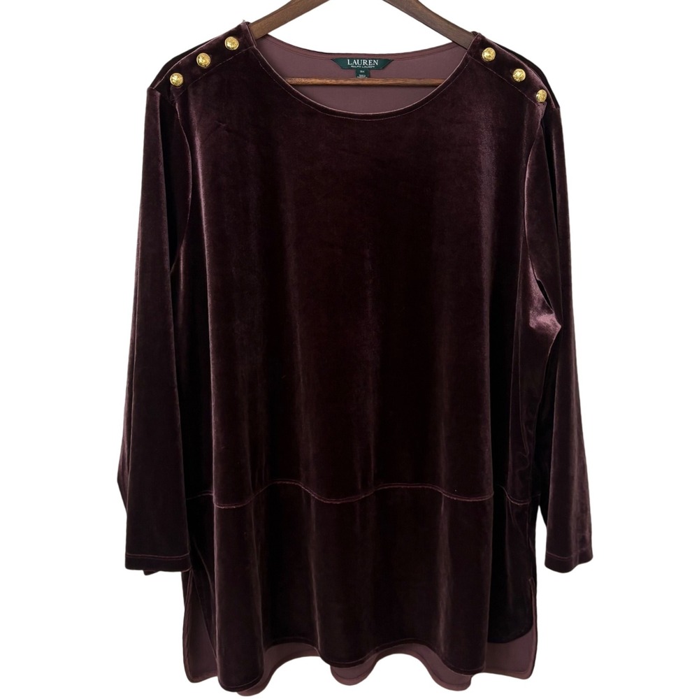 Lauren Ralph Lauren Purple Velvet Tunic Top Size 2X Holiday Fairy Gold Button